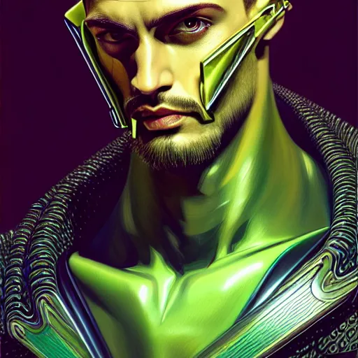 Prompt: man with extremely large and intricate haircut with angry green eyes and slim features looking askance, eye cyberpunk bionics, retro futurist style, intricate, elegant gleaming intricate baroque jewelry, angelic halo, highly detailed, digital painting, artstation, concept art, smooth, sharp focus, illustration, art by wlop, mars ravelo and greg rutkowski,