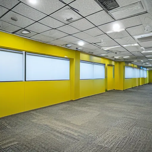 Image similar to an empty office space at night, eerie atmosphere, yellow hue