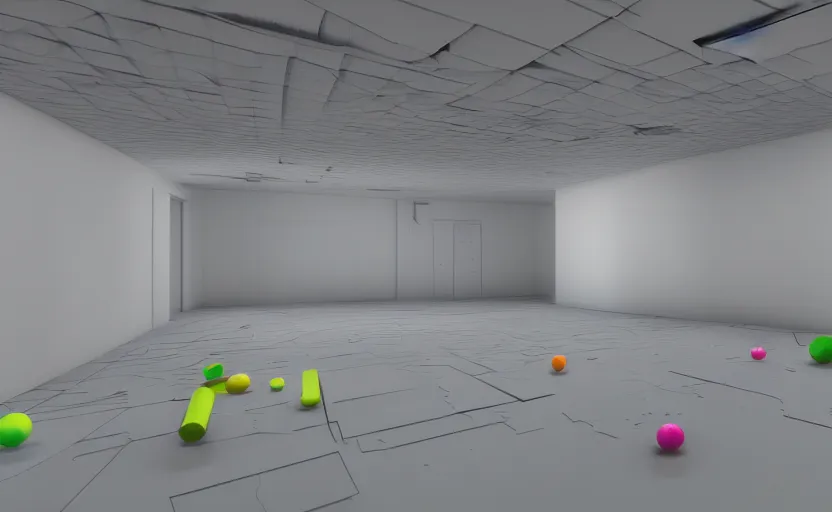 Prompt: empty room, big open floor, large random with colourful 3 d objects, unreal engine and v - ray render.