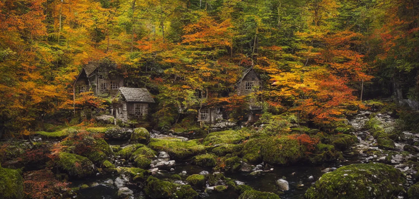 Image similar to sparse stone cottages underneath a dense tall forest, with pristine reflex from cascading ponds. gorgeous, elegant, sophisticated, an ultrafine painting, intricate brush strokes, bright depth oil colors, photography by araken alcantara. intense promiseful happiness, autumn sunrise warm light, detailed and intricate environment. hopeful. bodyscapes