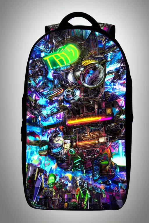 Image similar to photo of a stylish back pack, band merchandise, bandname is tripmachine, tourname is invasion of the tripmachines, realistic digital art, printed with a 3 d render of a huge futuristic steampunk generator, 8 k, fluorescent colors, halluzinogenic, multicolored, exaggerated detailed, unreal engine