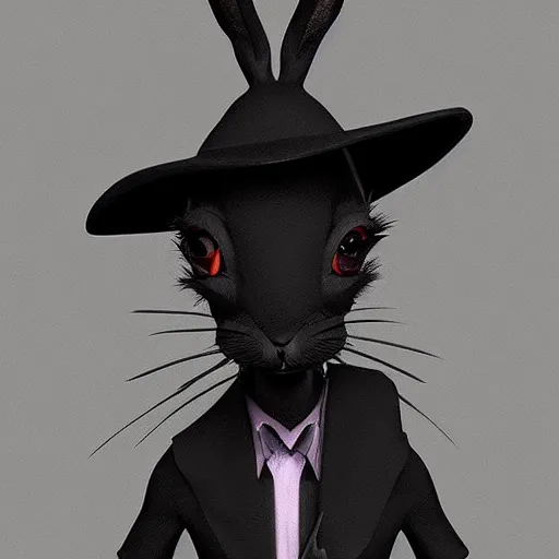 Image similar to anthropomorphic jackrabbit harengon with black skin, wearing stylized monk robes, wearing a very wide brimmed black hat, digital art featured on artstation