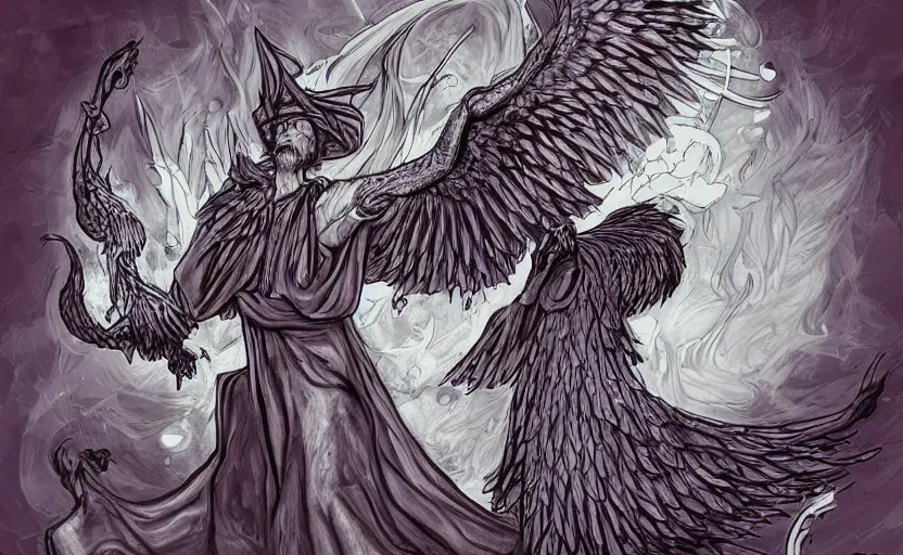 Image similar to wizard summoning the phoenix from hell, digital art style, illustration painting,