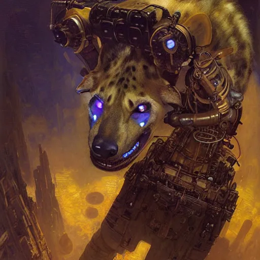 Image similar to portrait of a hyena gnoll doctor. futuristic spaceship. shadowrun furaffiniy cyberpunk fantasy highly detailed painting by gaston bussiere craig mullins jc leyendecker gustav klimt artgerm greg rutkowski john berkey, bergey, craig mullins, ruan jia, raymond swanland, jeremy mann, tom lovell, alex malveda