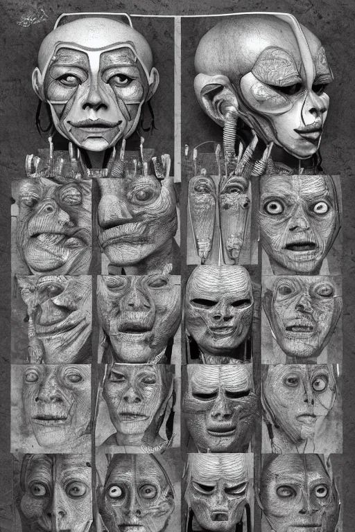 Prompt: mayan facial anatomy with gunmetal grey skin, medical anatomy, very symmetrical face, highly detailed, three - perspective / three - view reference sheet ( front / back / side ), in the style of dan ouellette, steven jung, amanda lilleston, hr giger, sil from species, dren from splice, mecha, artstation, unreal engine