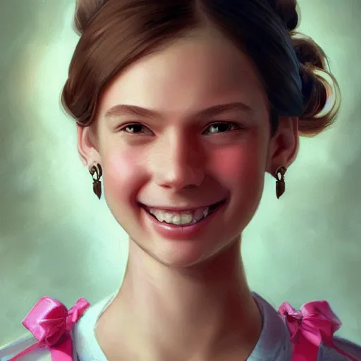 Image similar to portrait of girl, round face, brown hair, ponytails, half updo hairstyle, skinny, smile, attractive, small chin, wearing pink hair bow, earrings, intricate, elegant, glowing lights, highly detailed, digital painting, artstation, sharp focus, illustration, art by wlop, mars ravelo and greg rutkowski