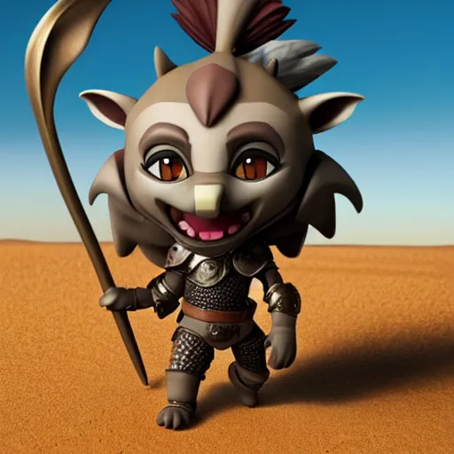 Image similar to antropomorphic medieval knight hyena warrior as nendoroid walking in a desert in the croods movie style, anime, disney, pixar, 8 k, hd, dof, kodak film, volumetric lighting, subsurface scattering, photorealistic, octane render, details