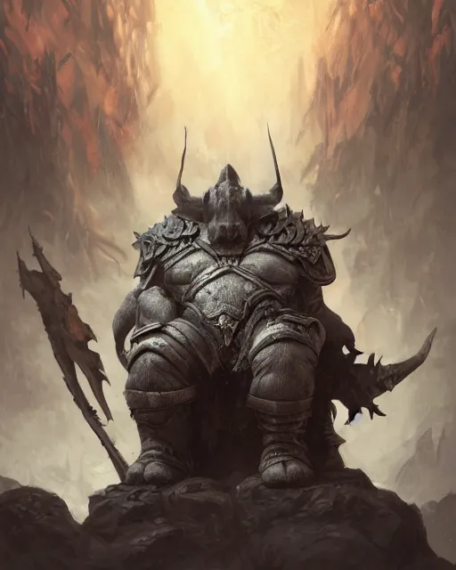 Image similar to Rhino, Anthropomorphized, as warlord general on skull throne, magic the gathering artwork, D&D, fantasy, cinematic lighting, centered, symmetrical, highly detailed, digital painting, artstation, concept art, smooth, sharp focus, illustration, volumetric lighting, epic Composition, 8k, art by Akihiko Yoshida and Greg Rutkowski and Craig Mullins, heroic pose, oil painting, cgsociety, Battlefield background, explosions, arrows