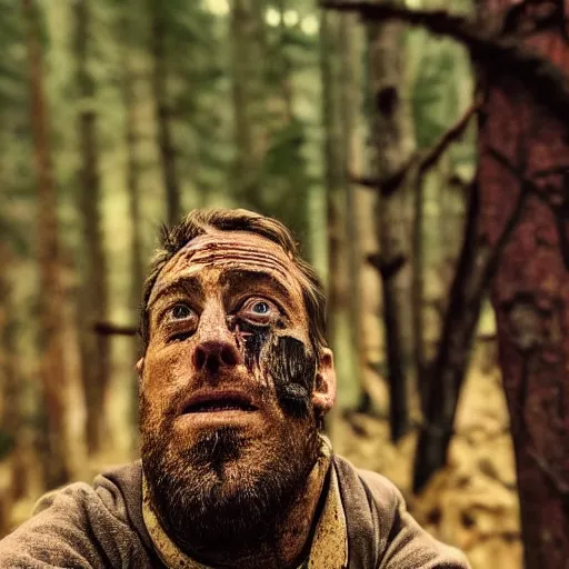 Image similar to extreme log shot, man vs wild, hugh grant, born survivor, face with beard, extreme, wide shot, sunset ligthing, forest and fear, worms, bonfire, art by carus carl gustav,