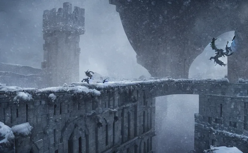 Image similar to A dragon flying over the high city wall in the snowstorm, doomy, Unreal Engine, cinematic photography, highly-detailed, games of thrones, HBO, high resolution