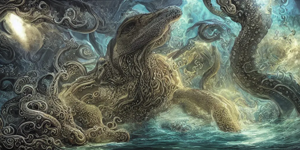 Image similar to Mythic Island, center Universe, Fantasy fairytale, Great Leviathan Turtle, cephalopod, Cthulhu Squid, hybrid, accompany Cory Chase, Blake Lively, Anya_Taylor-Joy, Grace Moretz, Halle Berry, Mystical Valkyrie, Anubis-Reptilian, Atlantean Warrior, hybrid, intense fantasy atmospheric lighting, hyperrealistic, François Boucher, Michael Cheval, Cozy, hot springs hidden Cave, candlelight, natural light, lush plants and flowers, Spectacular Mountains, bright clouds, luminous stellar sky, outer worlds, Jessica Rossier, michael whelan, William-Adolphe Bouguereau, HD,