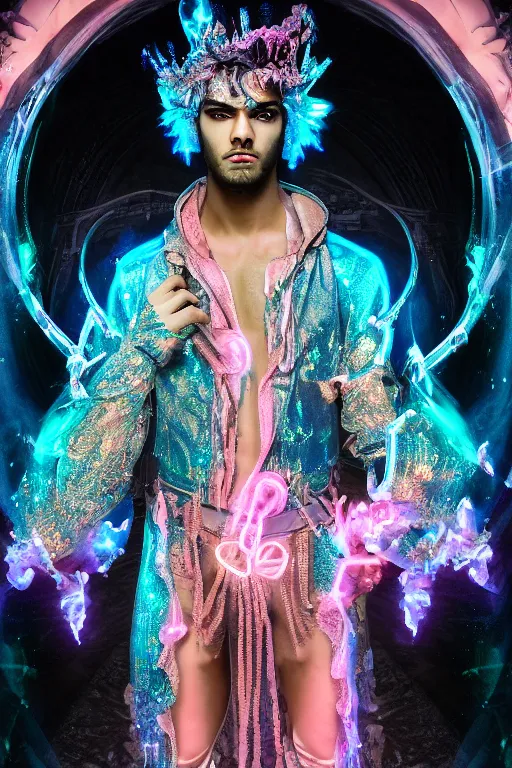 Image similar to photo of full-body rococo and cyberpunk delicate neon crystalline sculpture of ((handsome muscular onyx prince Zayn Malik)) as an blue iridescent humanoid deity wearing ((peach plastic hooded cloak)) (holding an onyx skull) in a onyx castle dungeon, reclining, glowing pink face, crown of (pink lasers), large blue diamonds, swirling black silk fabric. futuristic elements. oozing glowing liquid, full-length view. space robots. intricate artwork by caravaggio. Trending on artstation, octane render, cinematic lighting from the right, hyper realism, photorealistic, octane render, 8k, depth of field, 3D