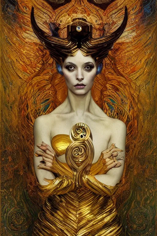 Prompt: Intermittent Chance of Chaos Muse by Karol Bak, Jean Deville, Gustav Klimt, and Vincent Van Gogh, beautiful inspiring portrait, enigma, Loki's Pet Project, destiny, Poe's Angel, fate, Surreality, inspiration, muse, otherworldly, fractal structures, arcane, ornate gilded medieval icon, third eye, spirals