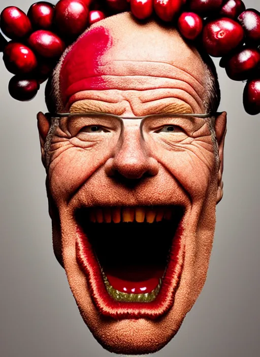 Image similar to bryan cranston cranberries spilling from mouth, cranberry helmet, studio light, bloom, detailed face, magazine, press, photo, steve mccurry, david lazar, canon, nikon, focus