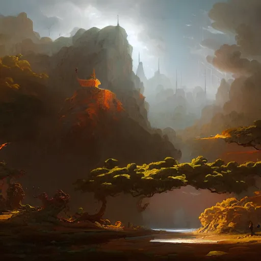 Image similar to A Landscape by Peter Mohrbacher and Caspar David Friedrich