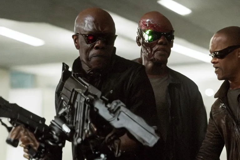 Prompt: Samuel L. Jackson plays Terminator and his endoskeleton is visible, action scene from the film