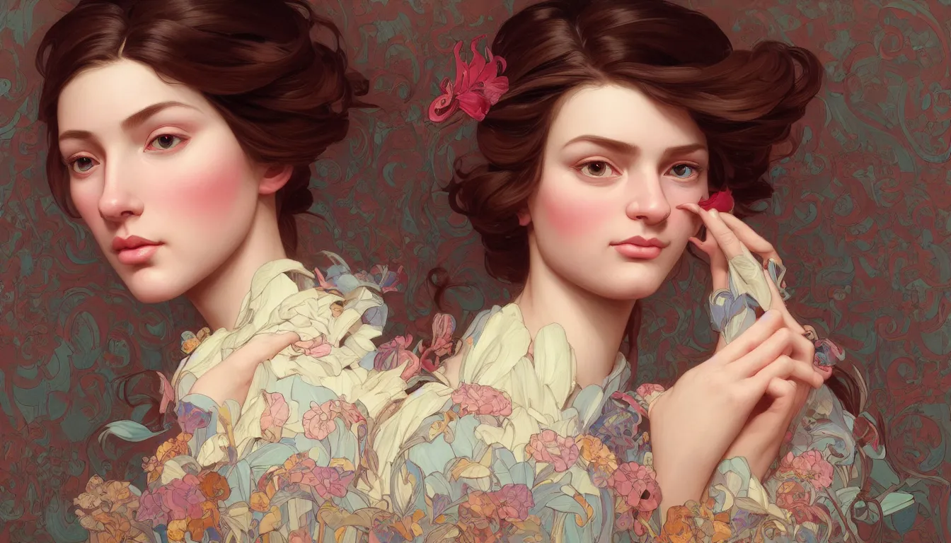 Prompt: excellent painted portrait of pretty girl with upturned nose, high quality masterpiece painted, patterned background by james jean, 4 k, trending on artstation, octane render, art by james jean and artgerm and greg rutkowski and alphonse mucha and craig mullins and james jean and andrei riabovitchev and marc simonetti and peter mohrbacher