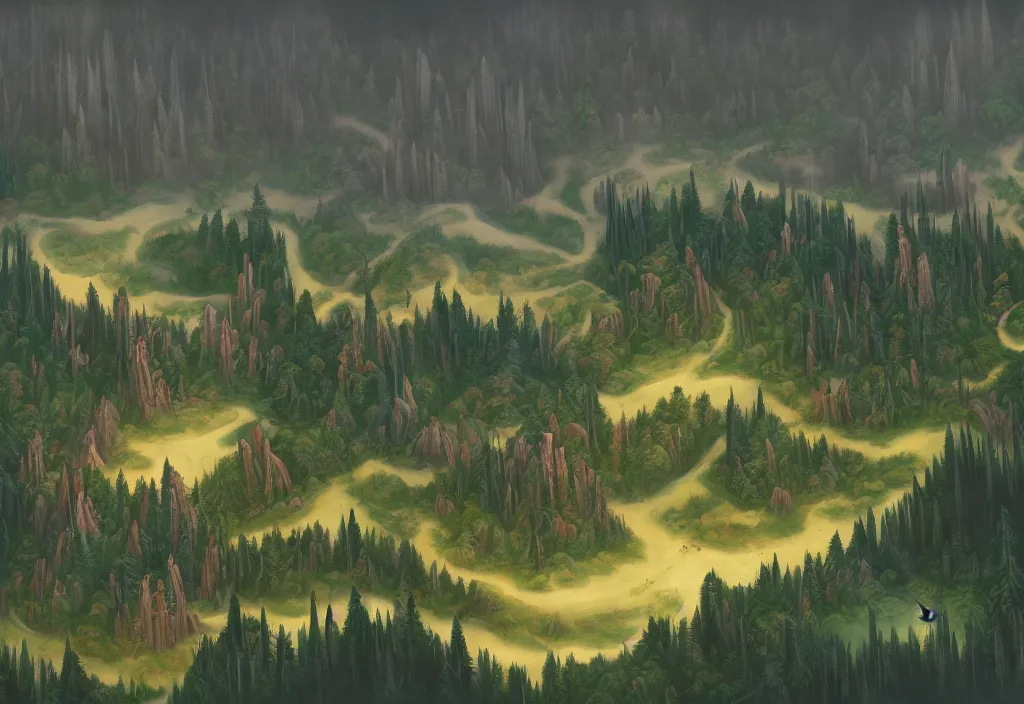 Image similar to blurry aerial view of the background of a forest that leads to a endless pit in the foreground, stylised painting, forest, medieval architecture, dynamic lighting, aesthetics, smooth, d & d, fantasy, asymmetrical, intricate, elegant, matte painting, illustration, hearthstone