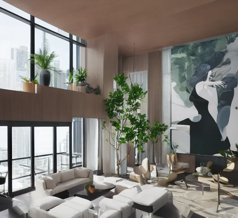 Image similar to interior of luxury condominium with minimalist furniture and lush house plants and abstract wall paintings | modern architecture by makoto shinkai, ilya kuvshinov, lois van baarle, rossdraws and frank lloyd wright