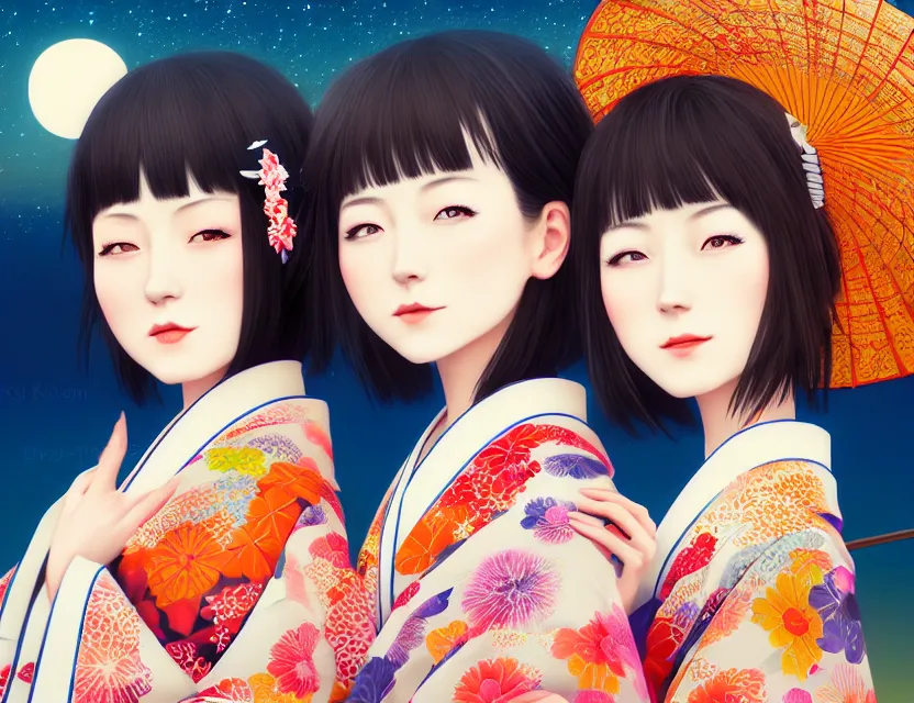 Image similar to two beautiful charming japan girls wear arty kimono in festival | | sunny night, full moon, dreamlike art, realistic shaded, smile, good looking, hyper details, 4 k realistic, cryengine, realistic shaded lighting poster by ilya kuvshinov, fuji choko, ross tran, 8 k resolution, trending on artstation, luxury