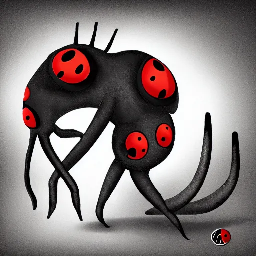 Prompt: ladybug as a monster, realsitic art style, scary atmosphere, nightmare - like dream