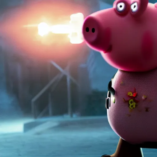 Image similar to Peppa pig in Gears of War, splash art, movie still, cinematic lighting, dramatic, octane render, long lens, shallow depth of field, bokeh, anamorphic lens flare, 8k, hyper detailed, 35mm film grain