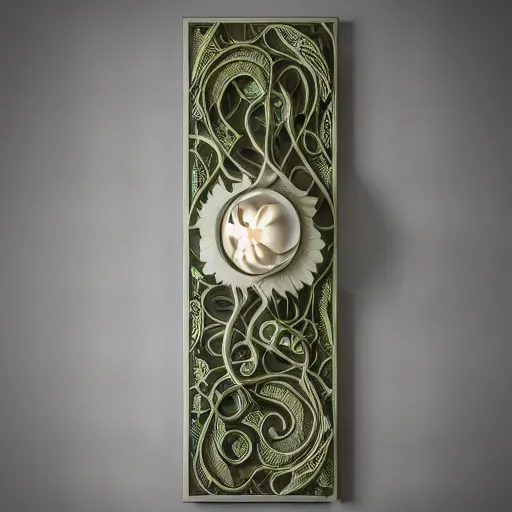 Image similar to wide symmetrical art nouveau wall light with filigree faberge orchid betta spiral mushrooms forest organic natural forms designed by giger, white 3 d print, 8 k, octane render