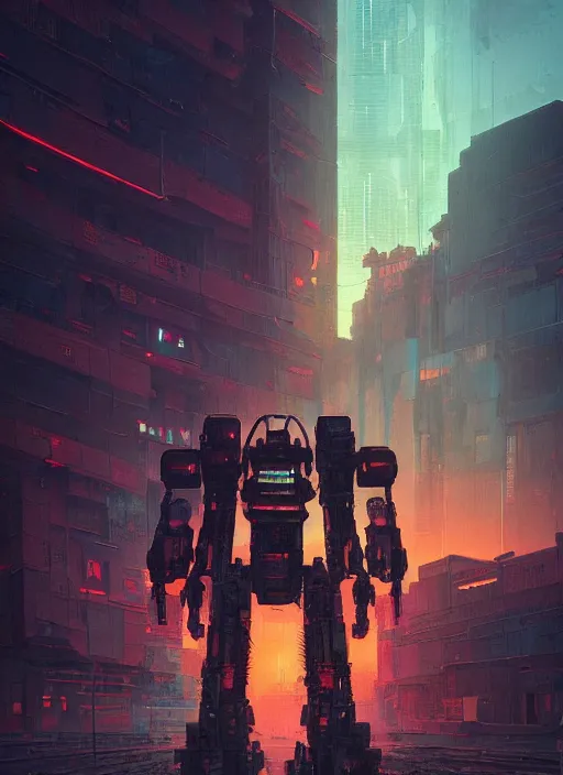 Image similar to a painting of a giant robot standing in front of a post apocalyptic city ruins, cyberpunk art by beeple, artstation hd, dystopian art, apocalypse art, sci - fi, glowing neon lights anamorphic lens flare