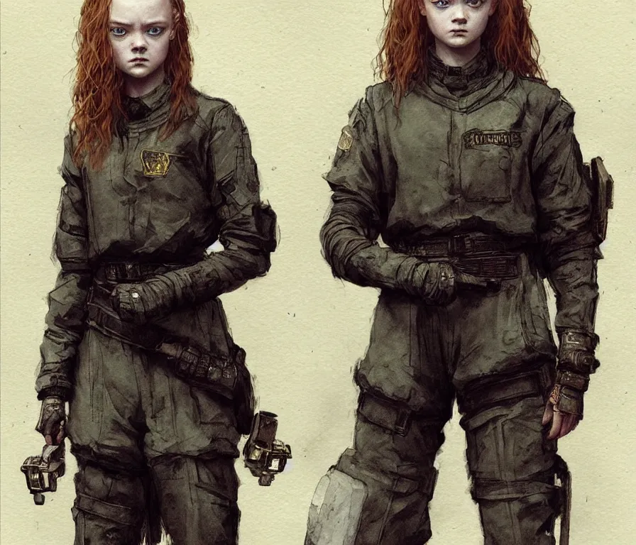 Image similar to sadie sink dressed in oversized school uniform : costume concept for a scifi cyberpunk film. by greg rutkowski, greg staples, gustave courbet, rosa bonheur. sharp focus, cinematic atmosphere, detailed and intricate, perfect anatomy