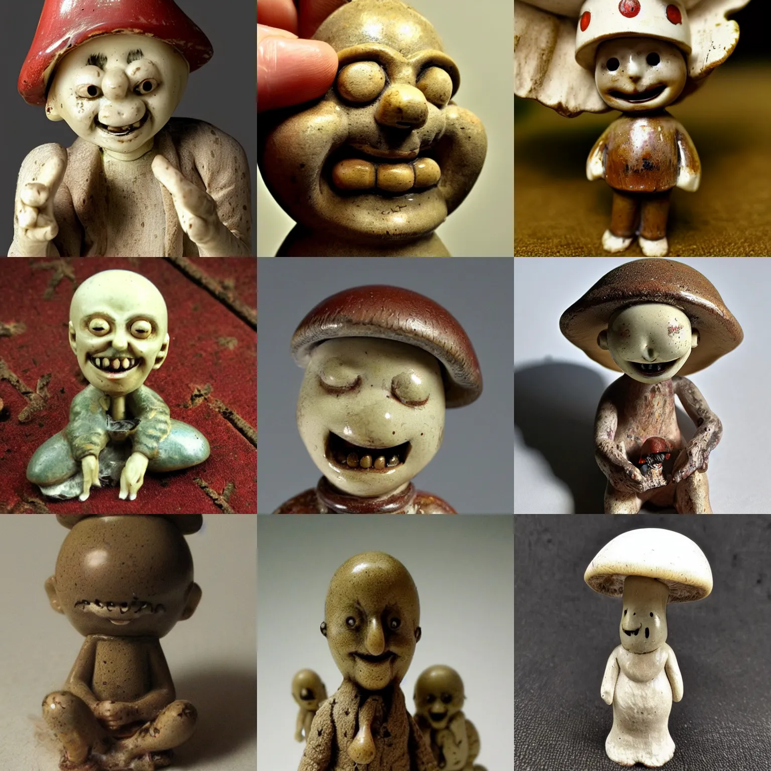 Prompt: anthropomorphic smiling! antique! mushroom!!! figurine, disturbing creepy cursed! macro photo
