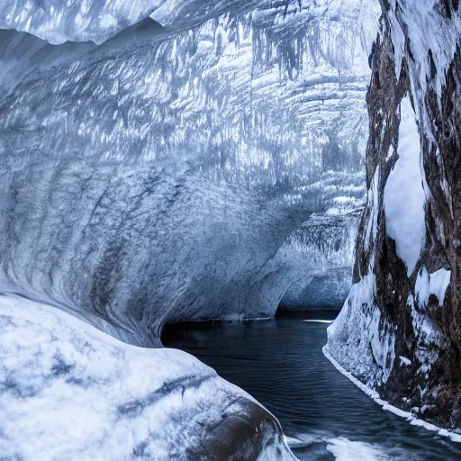 Image similar to dark ice cave with low ceiling and narrow rough river running through it, surreal,