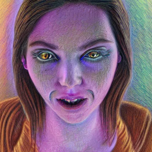 Image similar to detailed realistic fantasy pastel and pencil illustration of a beautiful woman with glowing eyes, stands in center with open arms.