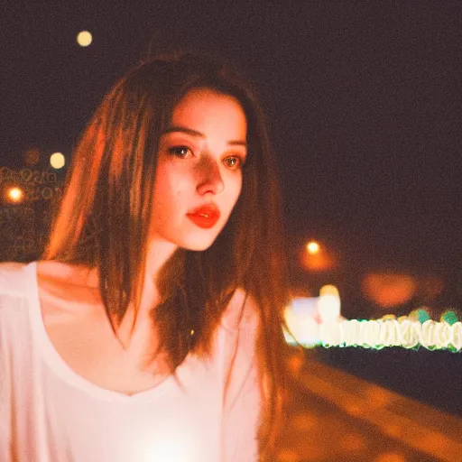 Image similar to photograph of a beautiful young woman in a city at night with bokeh, lens flare, out of focus light sources