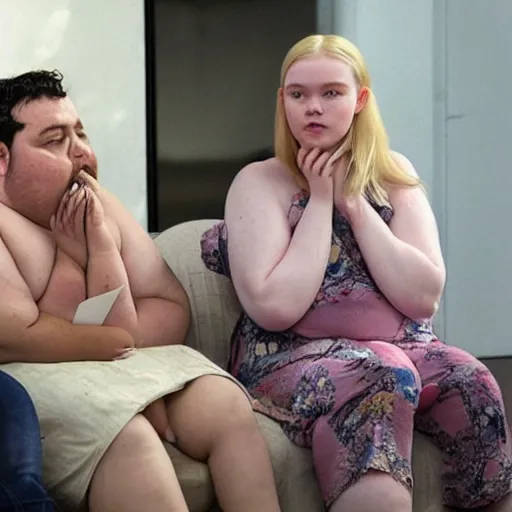 Prompt: photo of Elle fanning extremely obese, disgusting expression, sitting in her own filth, while sad obsessed fan looks on disappointed