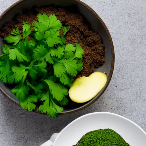 Prompt: a bowl filled with a pile of dirt, garnished with a parsley leaf, food photography, dslr