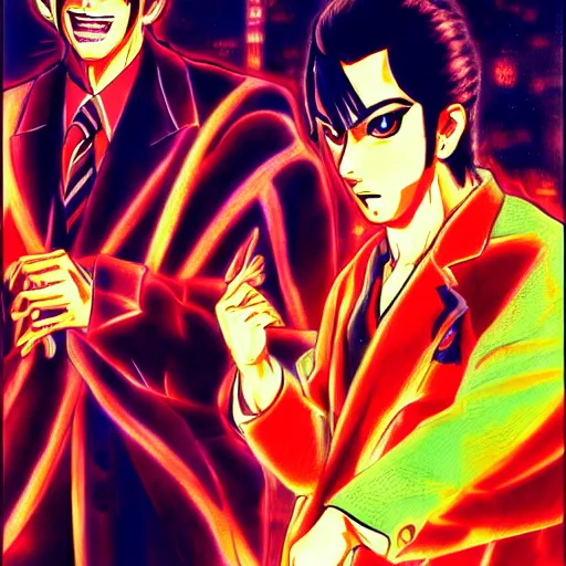 Image similar to beautiful amazing anime portrait painting of kiryu kazuma and goro majima in tokyo. neon lights. by hayao miyazaki, katsuhiro otomo, akira toriyama, satoshi kon, eiichiro oda, hideaki anno