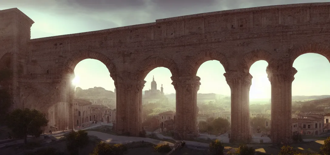 Image similar to epic view of giant roman aqueduct over beautiful italian city, unreal engine, dramatic lighting, detailed, ambient occlusion, global illumination, god rays, 3 d artstation render by greg rutowski and jessica rossier