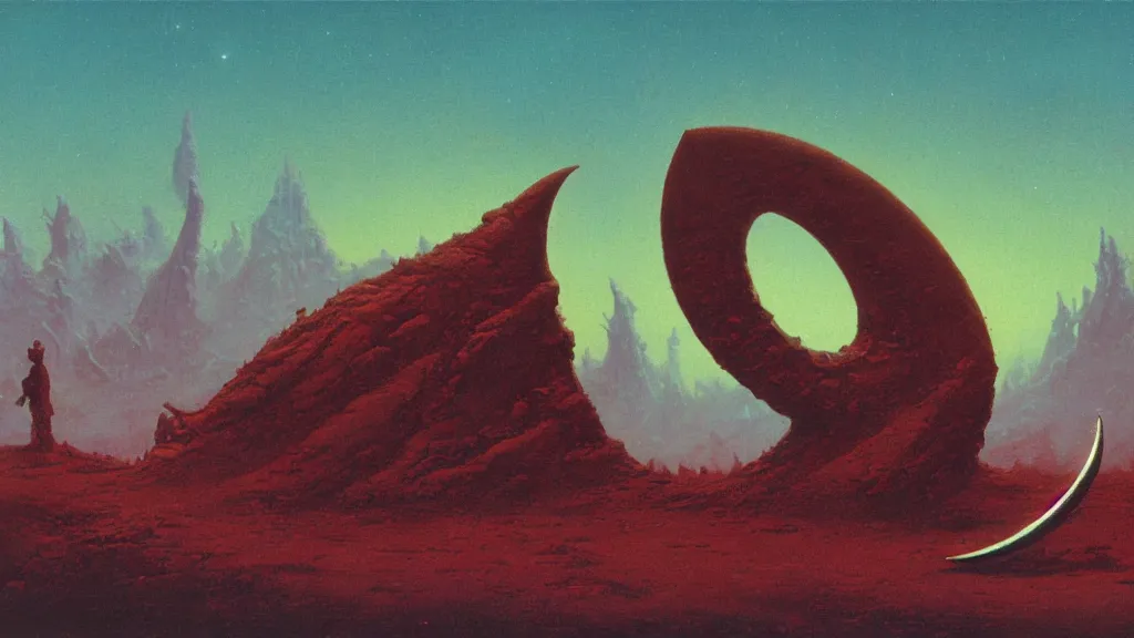 Image similar to mysterious whimsical sculpture of an alien crescent moon by paul lehr and john schoenherr and john harris, cinematic matte painting
