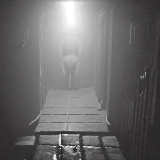 Prompt: hi - 8 night vision camera footage of a barely visible, bipedal minotaur with shrouded in darkness at the end of an extremely dark hallway in an abandoned house