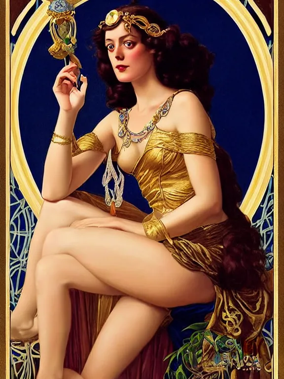 Prompt: kaya scodelario as the magic Greek goddess Circe, a beautiful art nouveau portrait by Gil elvgren, moonlit Mediterranean environment, centered composition, defined features, golden ratio, intricate gold jewlery