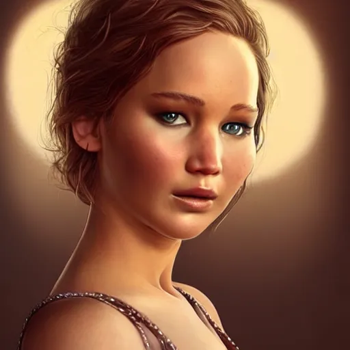 Image similar to a portrait of jennifer lawrence as a pixar character, beautiful, elegant, extremely detailed digital art, trending on artstation hyper realistic matte painting, by wlop, artgerm