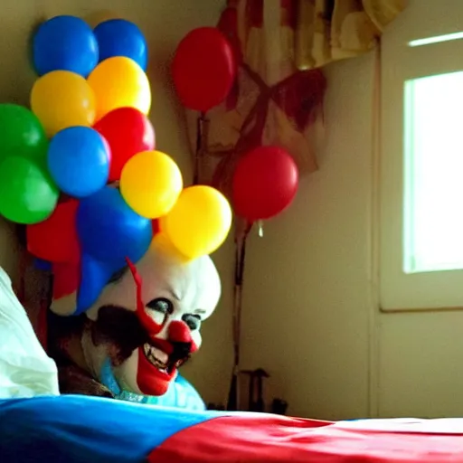 Image similar to hidden camera footage of terrifying clown in a bedroom