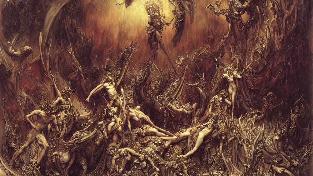 Image similar to satans fall from paradise into hell by gustave dore, james ryman, wayne barlowe, alphone mucha. beautiful color