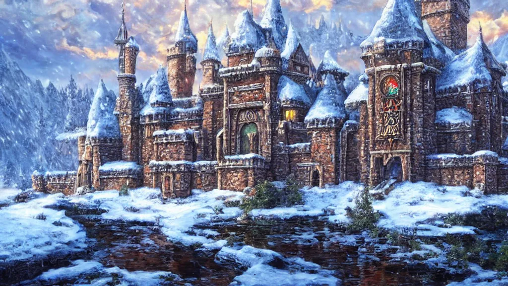 Prompt: a highly detailed, realistic oil painting of Hyrule Castle from Zelda Ocarina of Time in Winter, snow, intricate, 8k highly professionally detailed, HDR