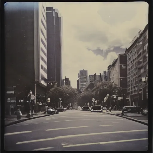 Image similar to instant photograph of a city in 1979, polaroid, raw, light leak, clouds