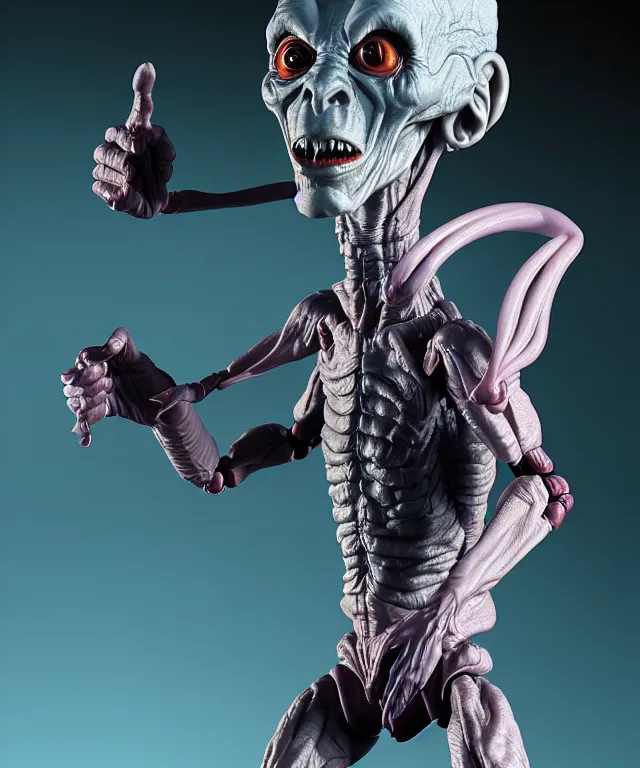 Image similar to hyperrealistic rendering, grey alien, by art of skinner and richard corben and jeff easley, product photography, action figure, sofubi, studio lighting, colored gels