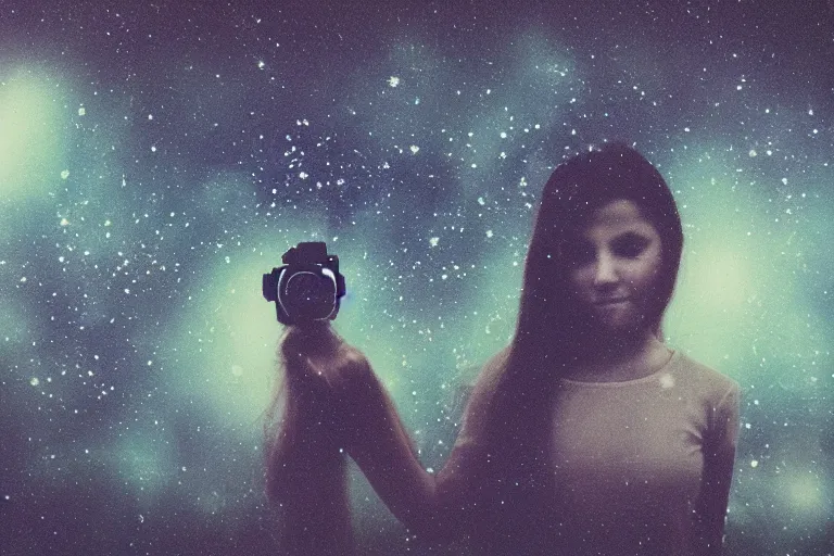 Prompt: blured girl on night vision, focused background galaxy, polaroid photo