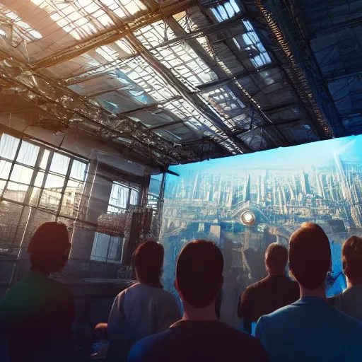 Image similar to large group people in open warehouse, looking at hologram of futuristic city on a table, cinematic concept art, godrays, golden hour, natural sunlight, 4 k, clear details, tabletop model buildings, tabletop model, hologram center, crane shot, crane shot, crane shot