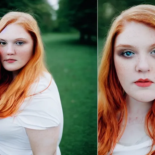 Image similar to brooke ashling, a curvy, radiant, bubbly, 2 5 - year - old canadian plus - size model, long strawberry - blond hair, creamy skin, portrait, 8 5 mm canon f 1. 2 lens, inspired by diane arbus