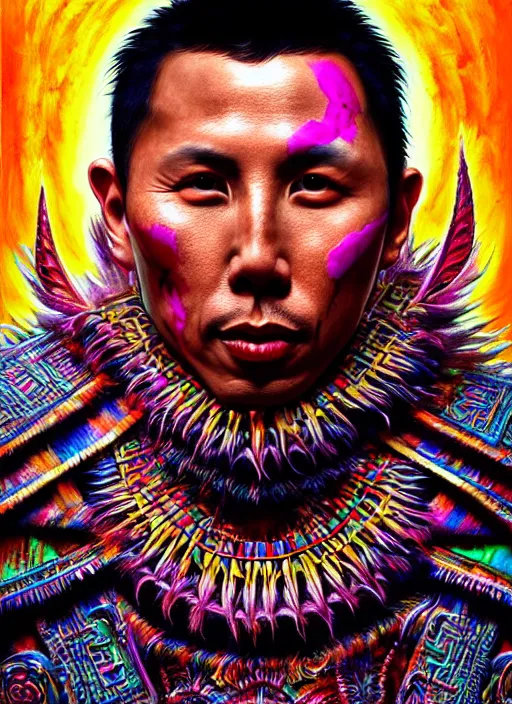 Prompt: portrait of donnie yen, hyper detailed ultra sharp aztec shaman warrior. trending on artstation, warpaint aesthetic, bloodwave, colorful, psychedelic, ornate, intricate, digital painting, concept art, smooth, sharp focus, illustration, art by artgerm and greg rutkowski and h. r. giger, 8 k